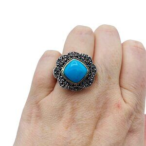 Sterling Silver 925 Blue Enamel Scroll Work Ring Size 9.5 Signed NDA Statement